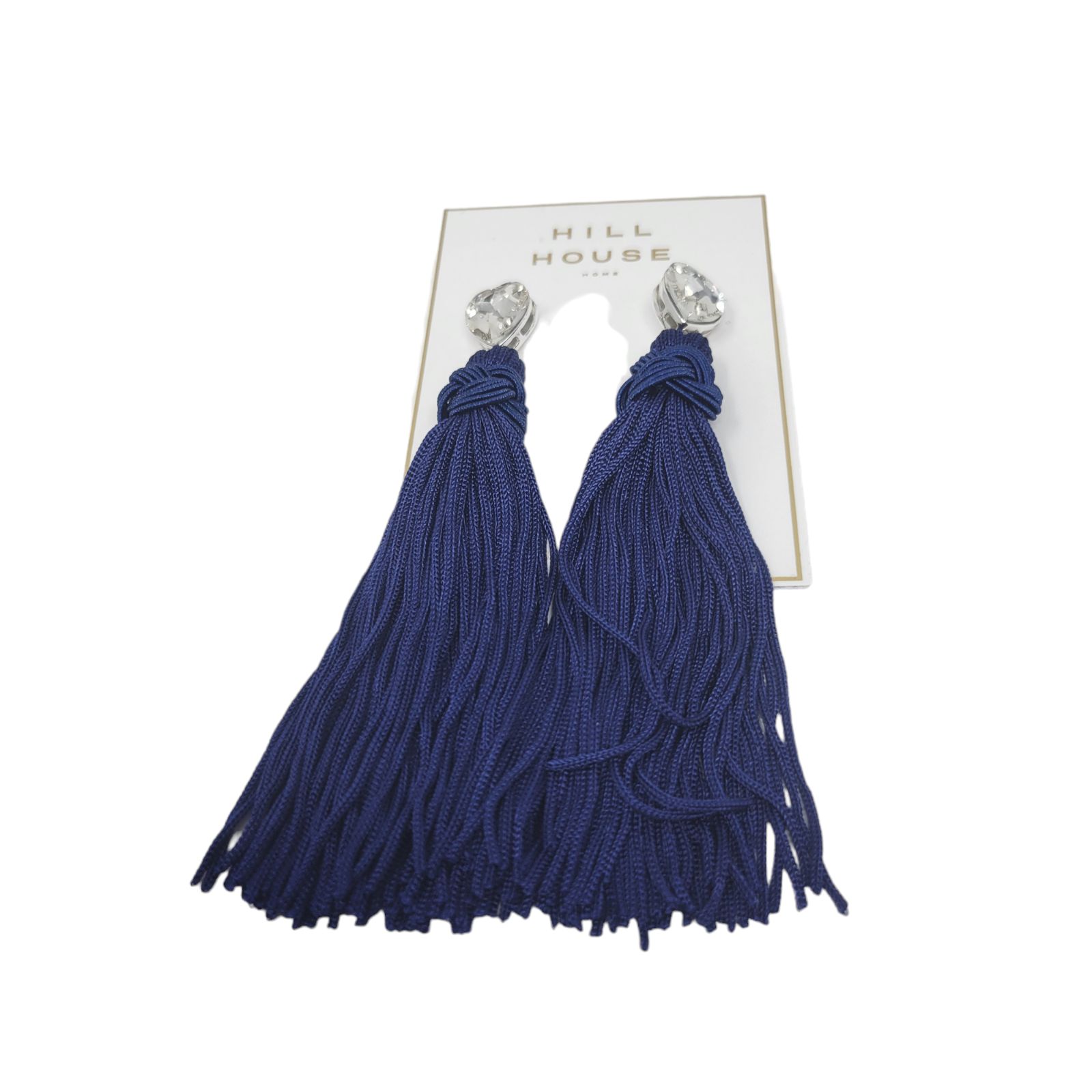 Hill House Navy Silver Tassel Glass Heart Long Earrings Nwt